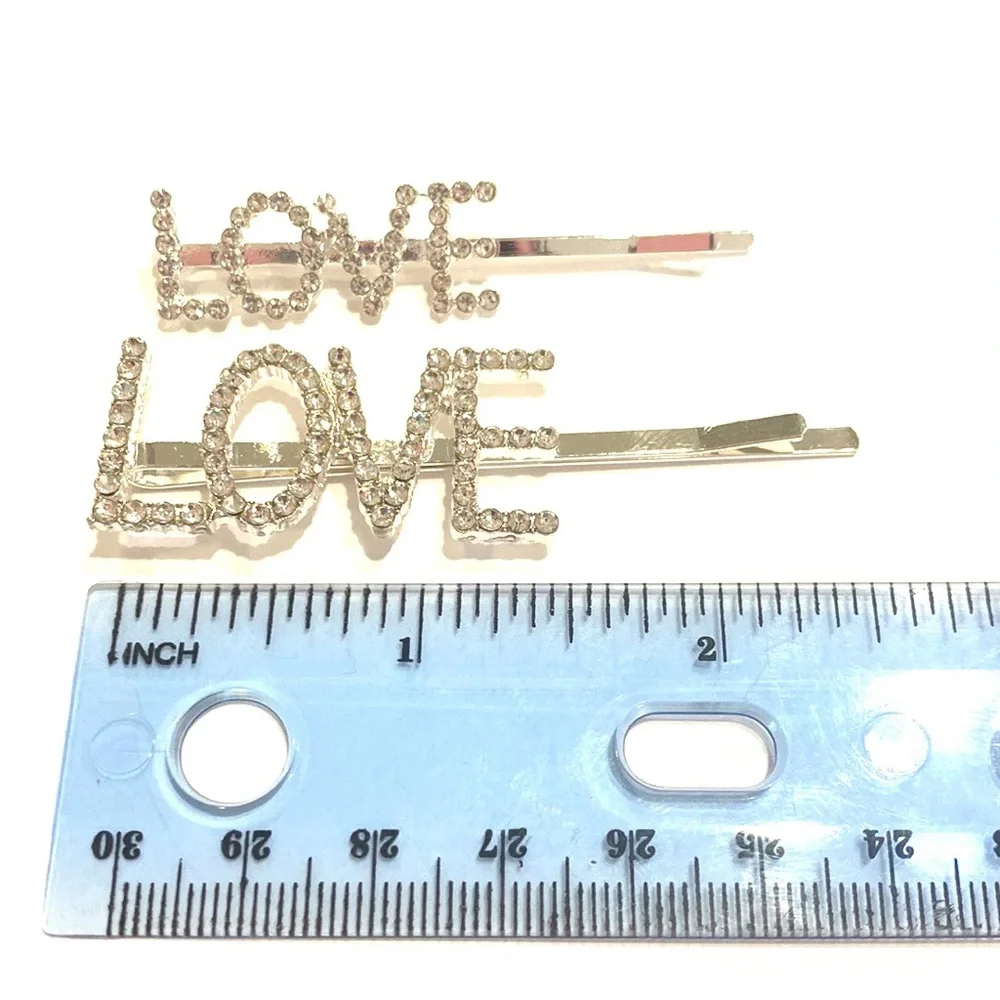 LOVE Hair Pins Set Of 2 Silver Tone Rhinestone Bobby Pins
